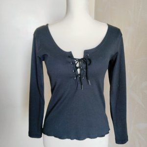 Wave Trade Lace-Up Long Sleeve Black Ribbed Knit Top 100% Cotton S/M EUC